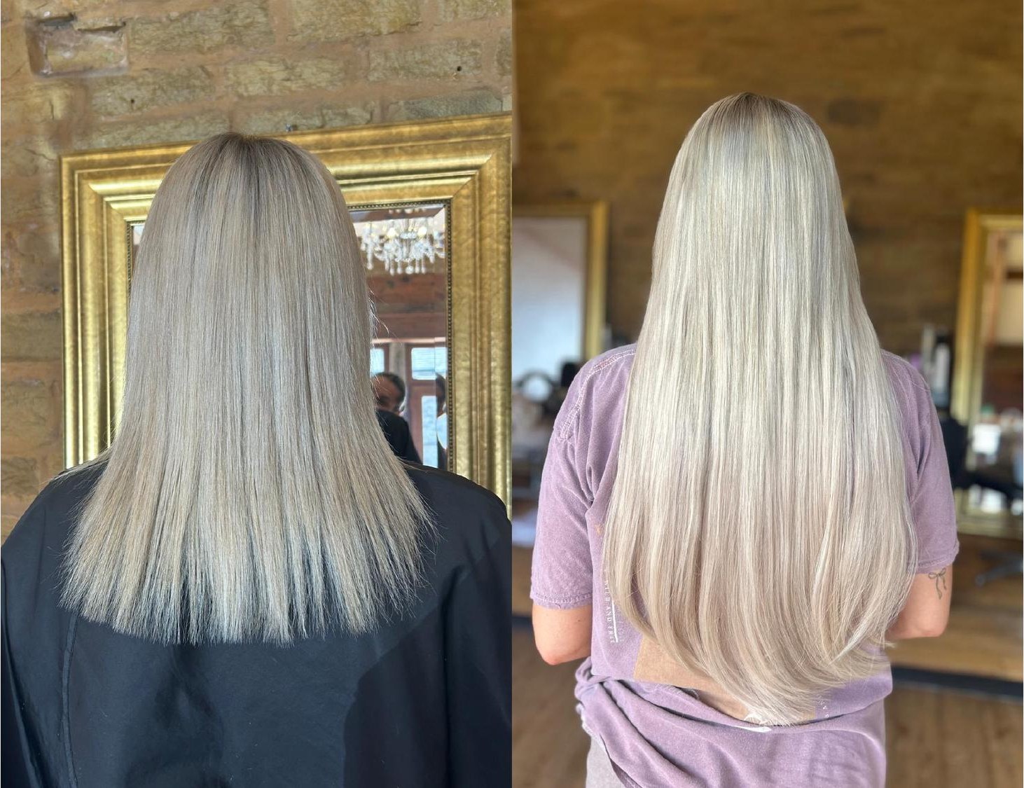 Hair extensions before and after — silver blonde length
