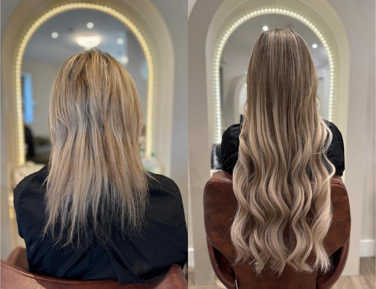 Weft hair extensions before and after