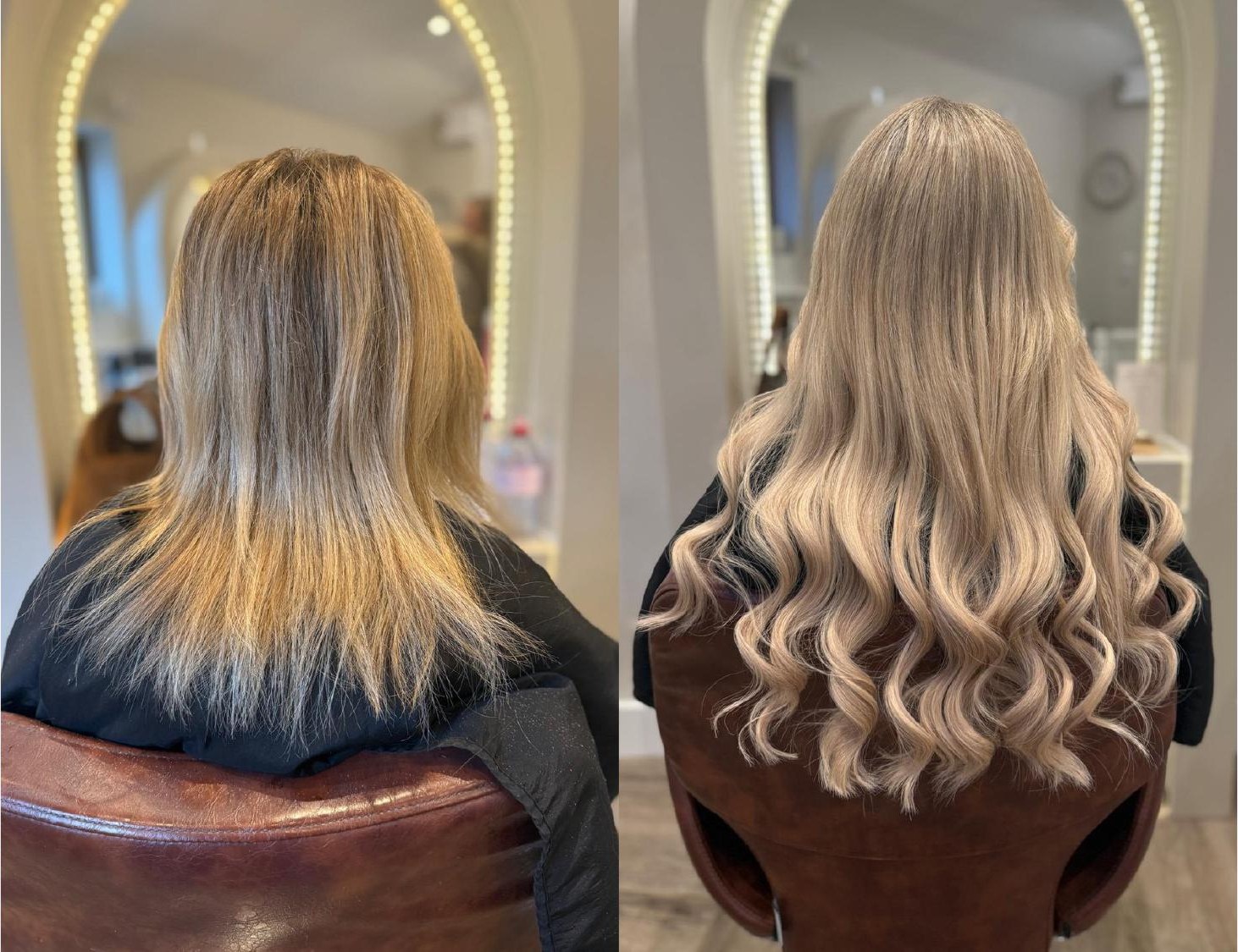 Hair extensions before and after — blonde curls