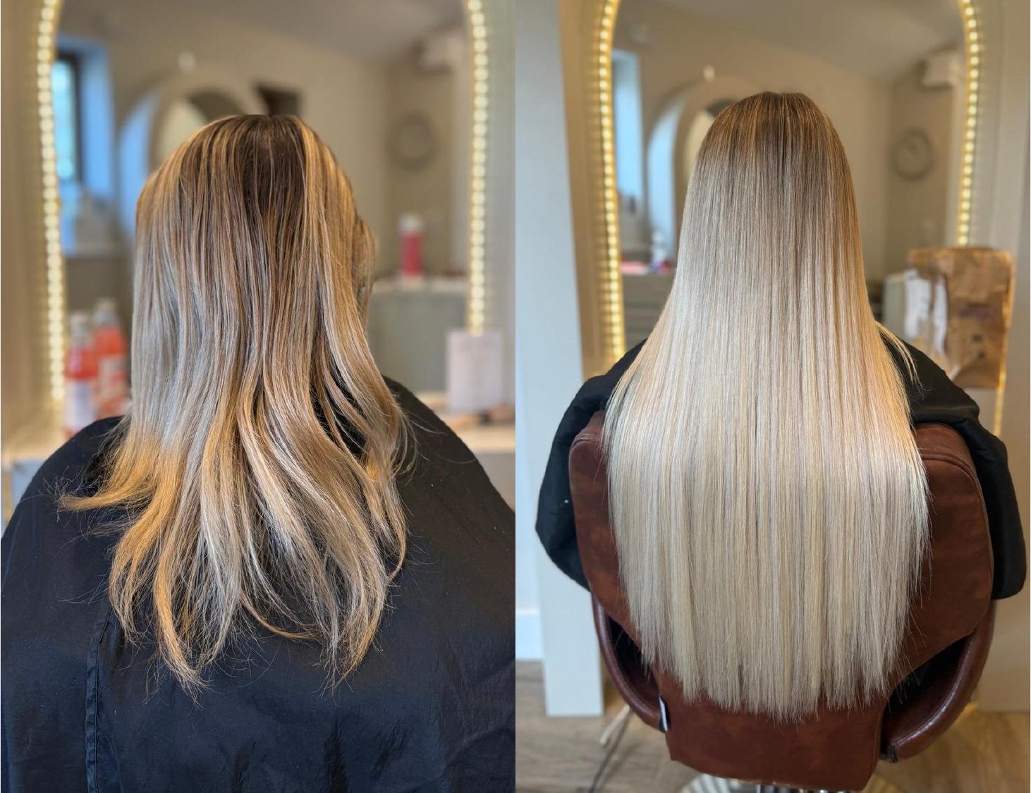 Hair extensions before and after — sleek blonde