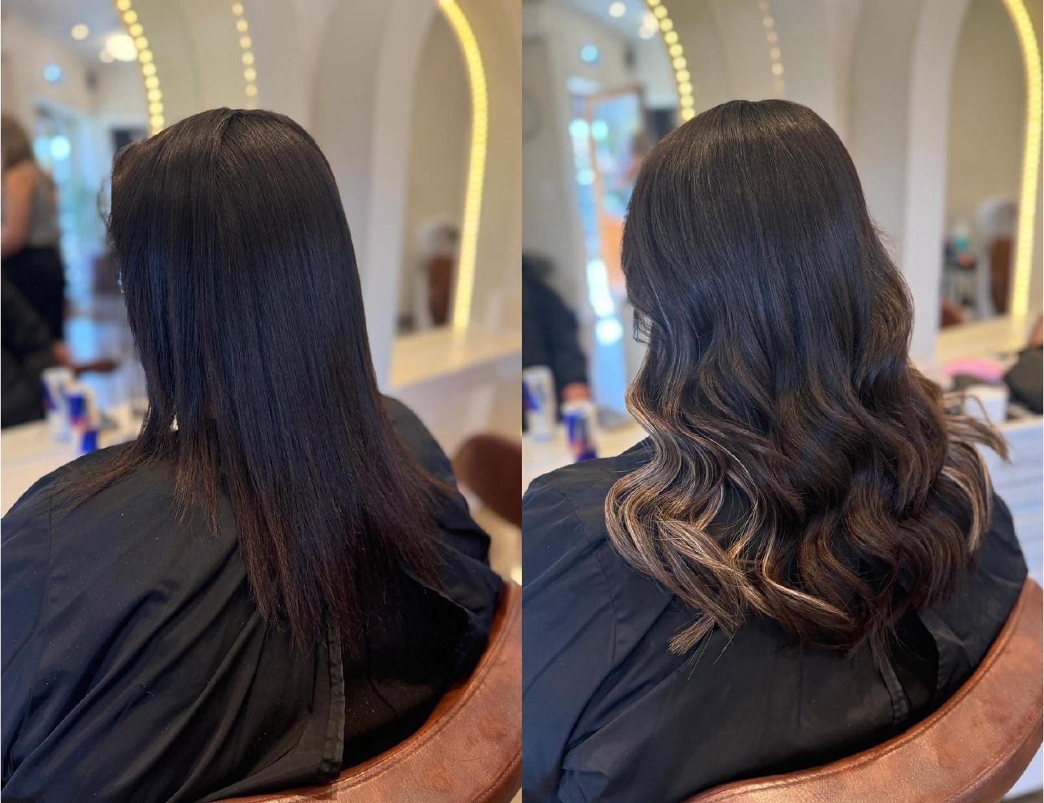 Hair extensions before and after — dark brunette waves